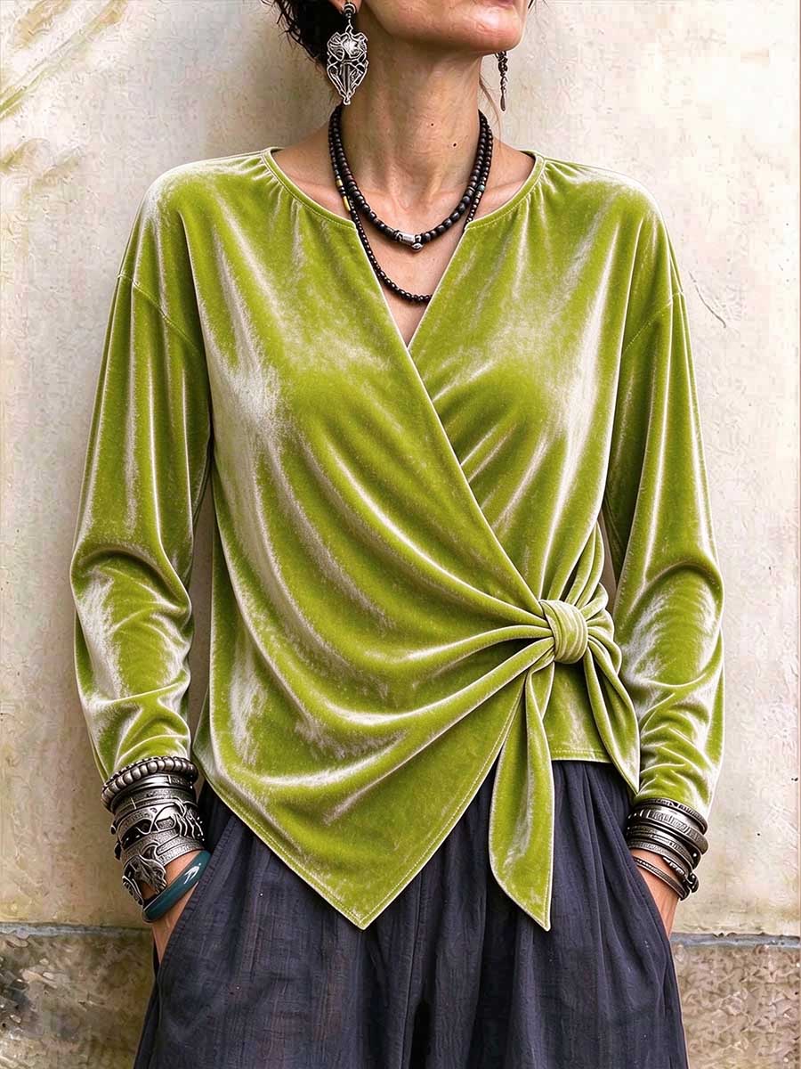 Women's Elegant Green Velvet Wrap V-neck Long Sleeve Top