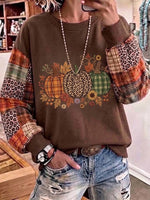 Halloween Crewneck Sweatshirt With Pumpkin Print, Plaid, And Leopard Print Sleeves