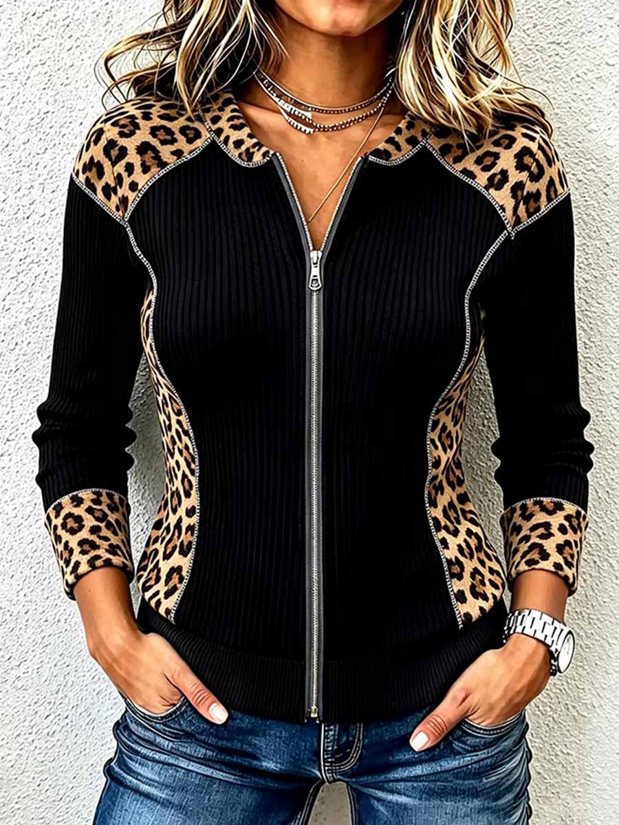 Women's Crew Neck Long-sleeve Loose-fit Knit Cardigan With Leopard Print Paneling