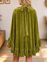 Elegant Olive Green Velvet 2-piece Dress Set: Ruffled Mock Neck Cape Overlay & Cami Mini Dress