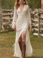 Vintage-style Lace V-neck Long-sleeve High-low Dress With Fringe Detail