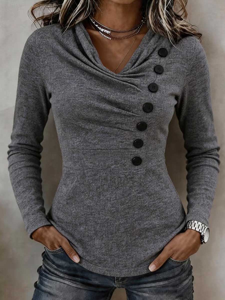 Women's Solid-color Cowl Neck Long-sleeve Slim-fit Knit Top