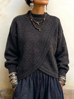 Knitted Sweater With An Asymmetrical, Overlapping, Button-fastened Hem