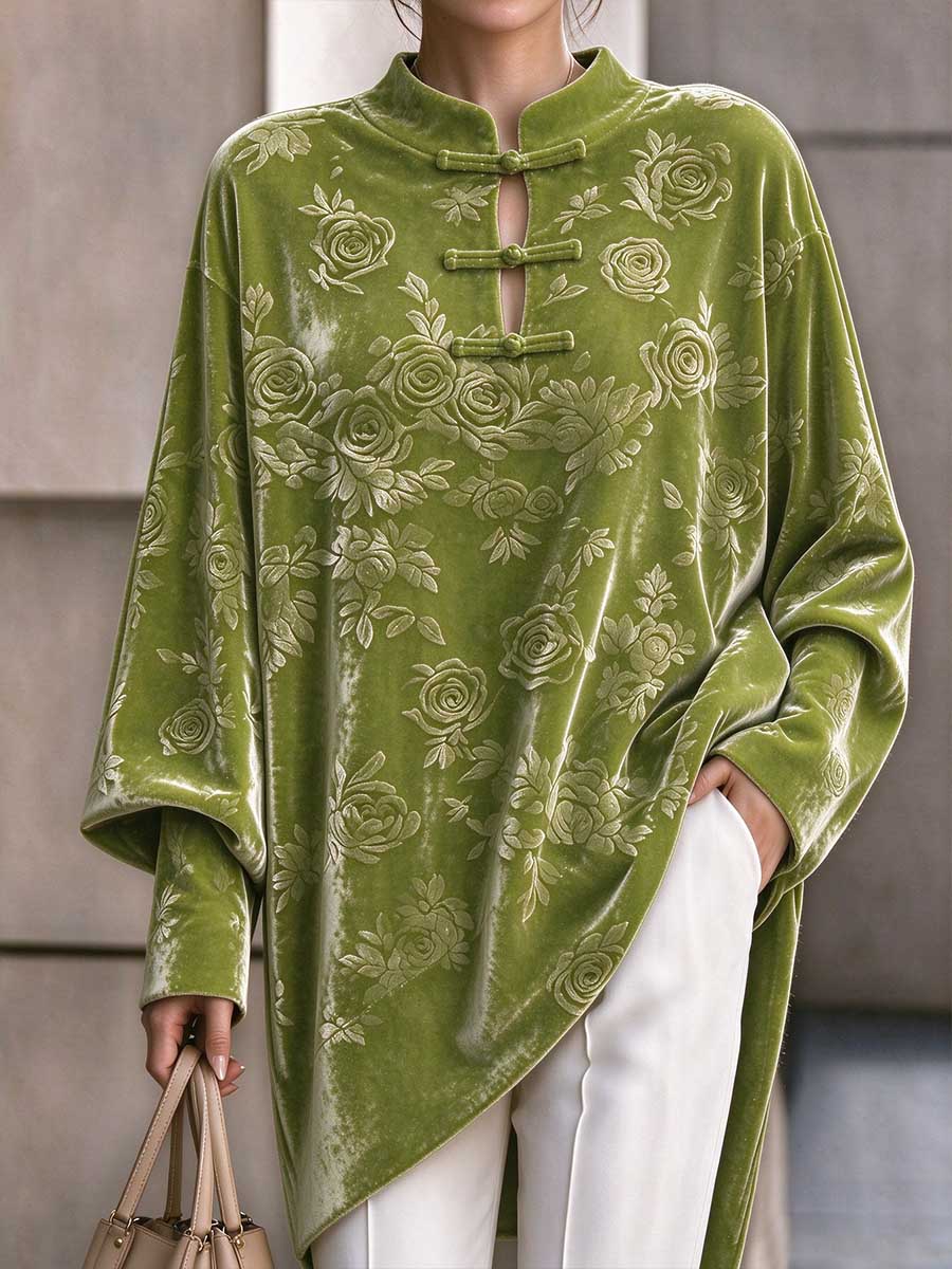 Olive Green Floral Embossed Velvet Tunic with Mandarin Collar and Frog Closures