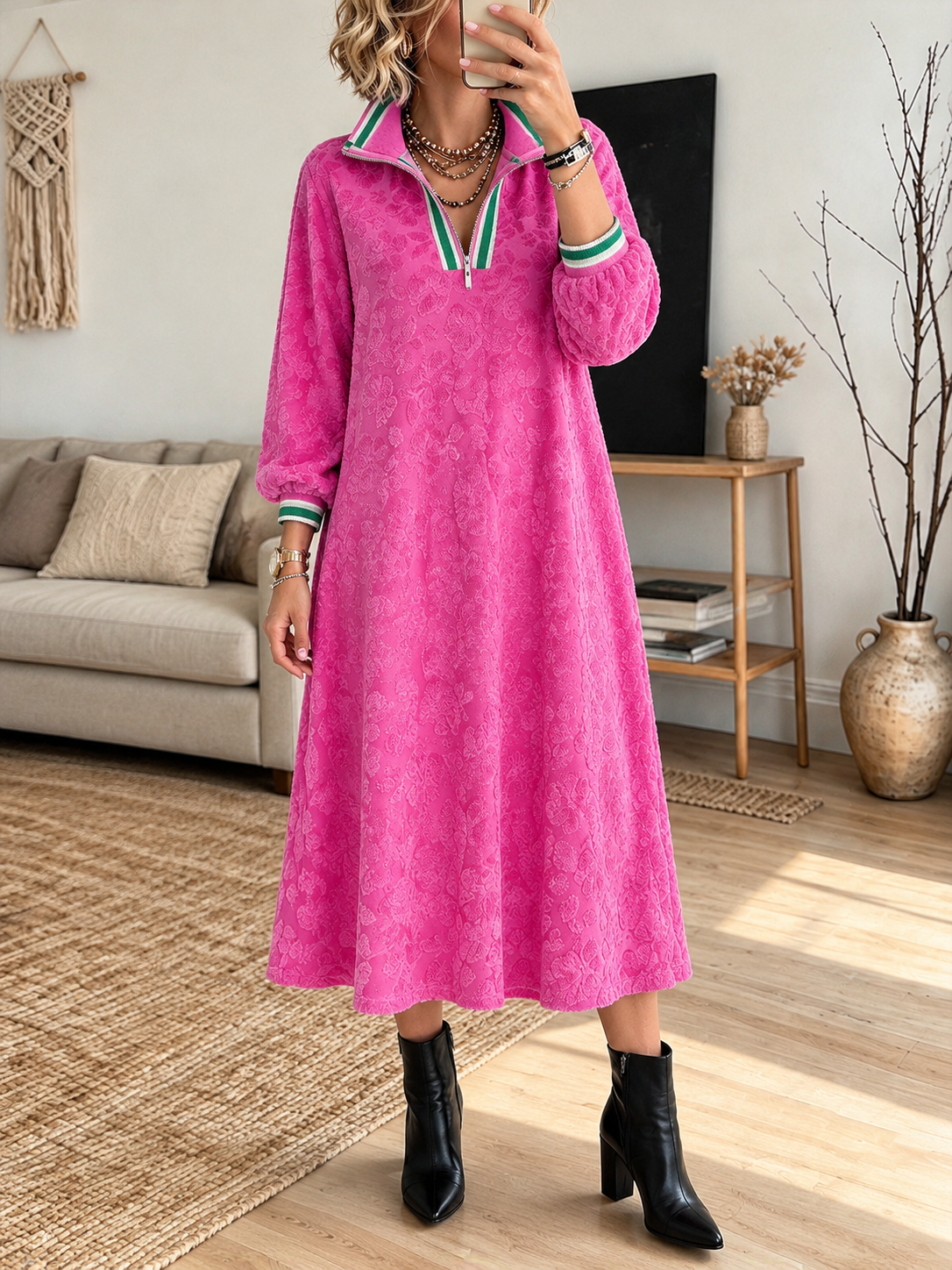Chic Bright Pink Floral Jacquard Half-zip Dress