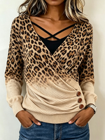 Chic Leopard Print Wrap Faux Two-piece Sweater Top