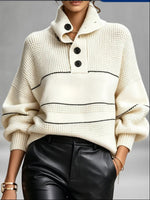 Cozy, Chic Knit Top With A Buttoned Stand Collar And Contrasting Stripes.