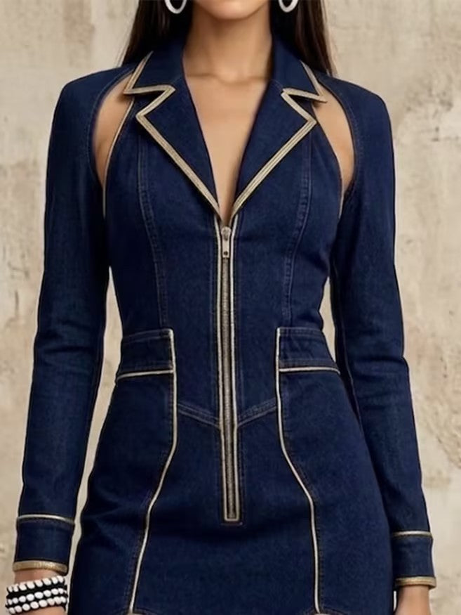Lapel Cut‑out Fringe Denim Mini Dress