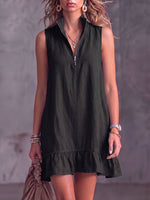 Women's Solid-color Stand-collar Sleeveless Casual Loose Cotton-linen Dress
