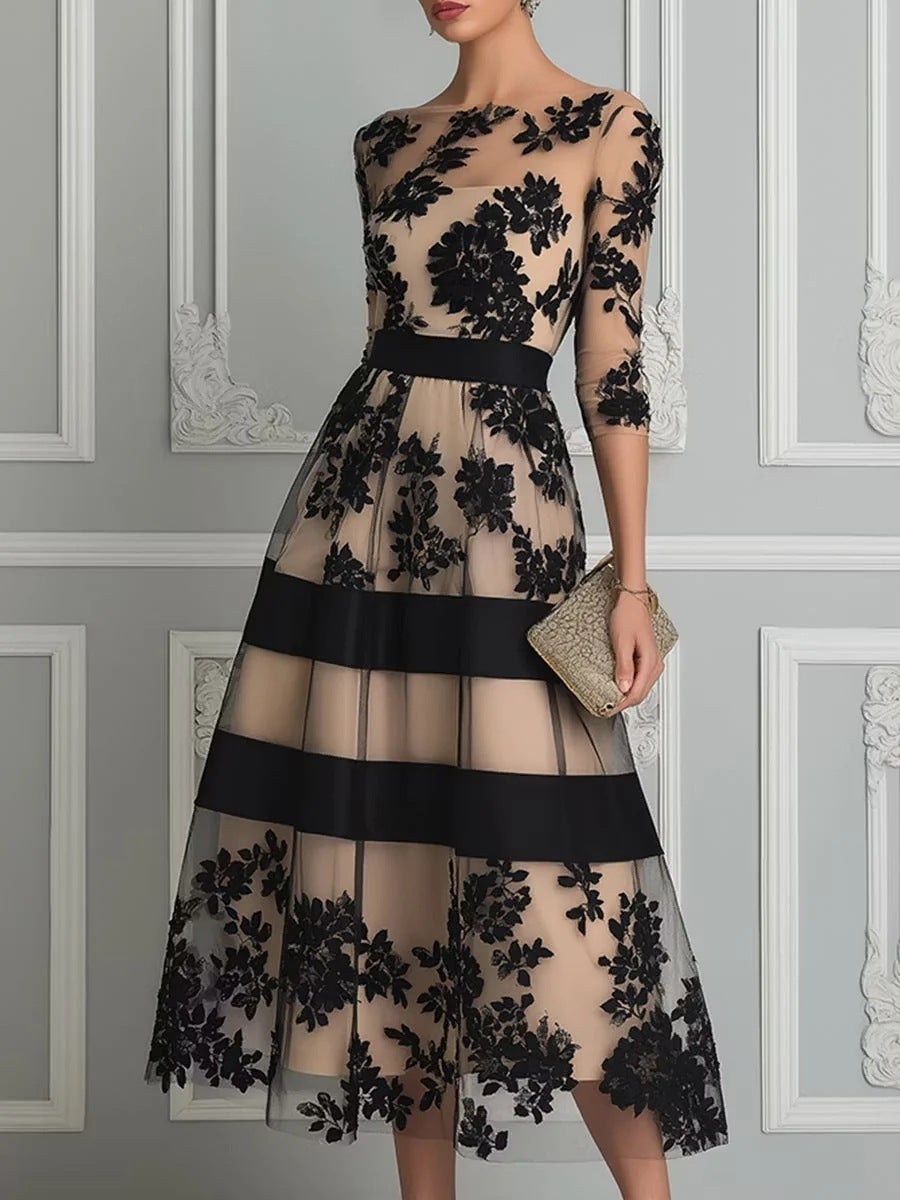 Elegant And Exquisite Floral Lace And Mesh Midi Evening Dress