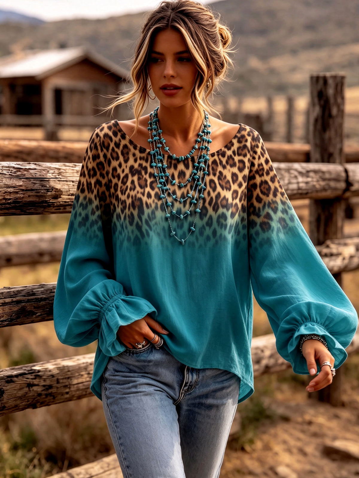 Boho Gradient Leopard Print Ruffle Cuffs Blouse