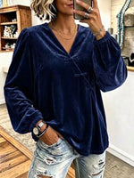 Velvet V-neck Top With Frog-closure Detailing And Long Puff Sleeves