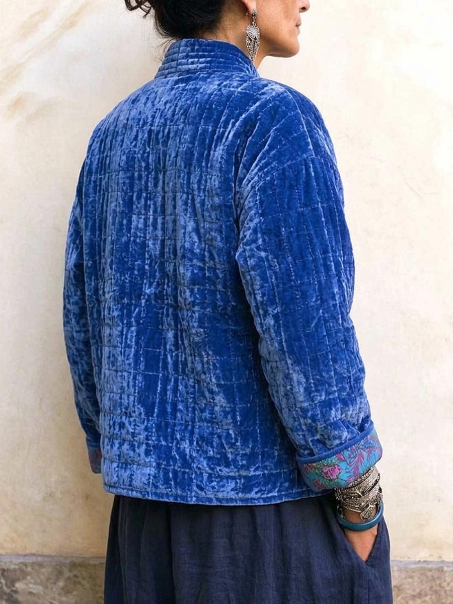 Women's Blue Quilted Velvet Jacket With Vintage Buttons