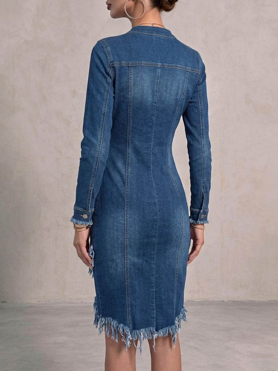 Women's Stand Collar Long Sleeve Casual Slim Fit Denim Dress