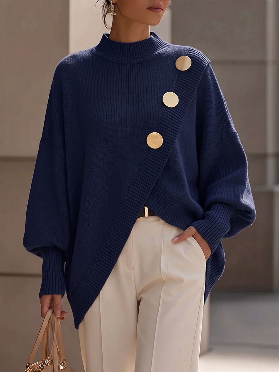 Elegant Asymmetrical Gold-Button Knit Sweater