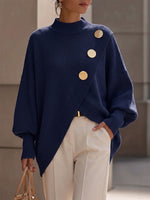 Elegant Asymmetrical Gold-Button Knit Sweater