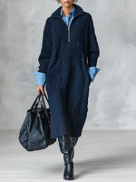 Cozy Textured Structured Knit Quarter-Zip Midi Dress