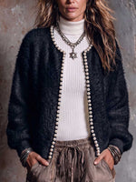 Women's Solid Color Round Neck Long Sleeve Beaded Casual Loose Knit Cardigan