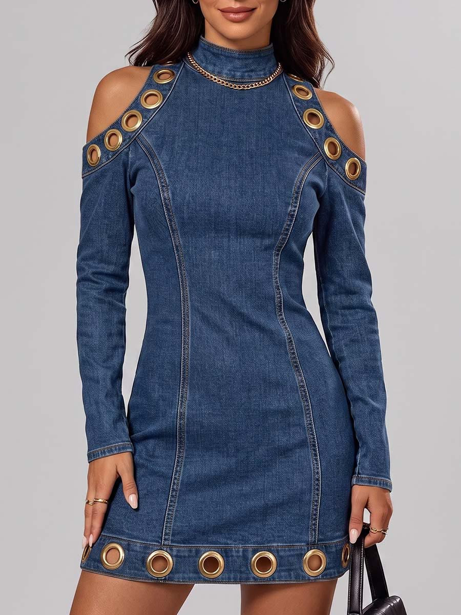 Women's Stand-up Collar Off-shoulder Long-sleeve Round Metal Hollow-out Casual Slim-fit Denim Dress