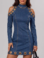 Women's Stand-up Collar Off-shoulder Long-sleeve Round Metal Hollow-out Casual Slim-fit Denim Dress