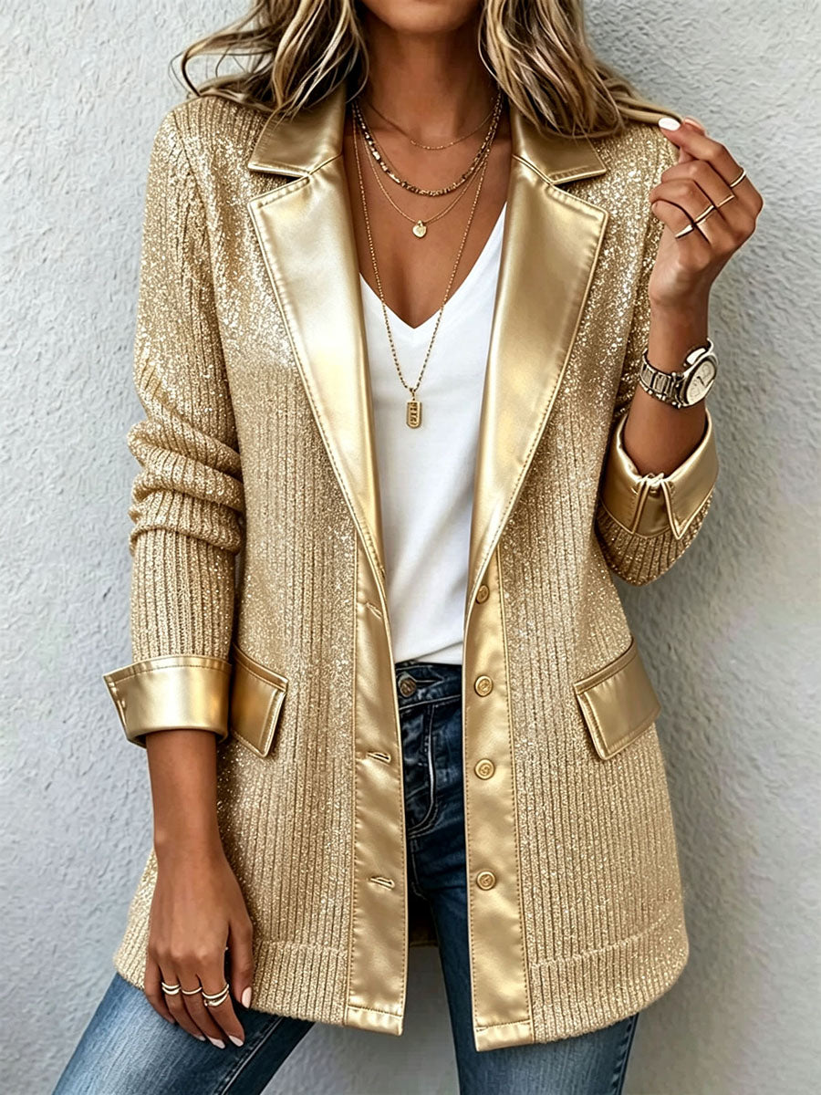 Chic Gold Knit Blazer With Sleek Faux Leather Trim