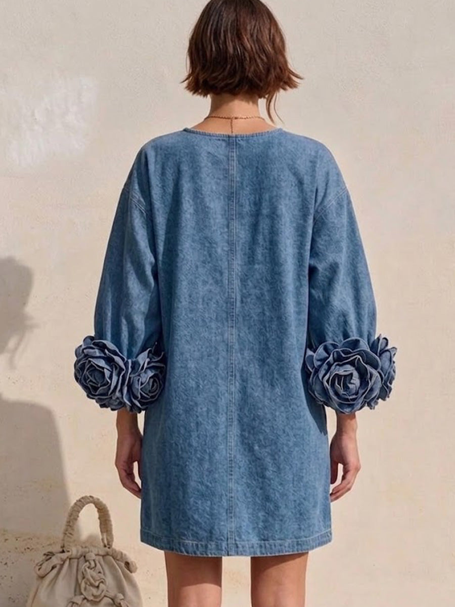 3d Floral Cuff V‑neck Loose Denim Mini Dress