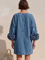 3d Floral Cuff V‑neck Loose Denim Mini Dress