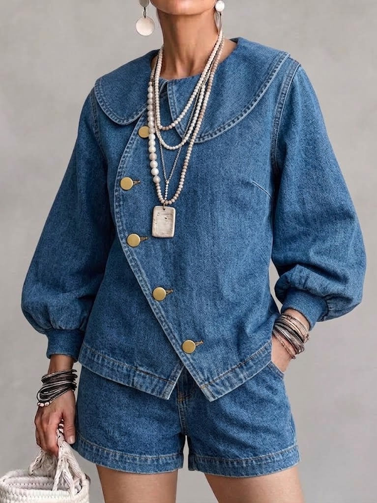 Denim Jacket With An Oversized Peter Pan Collar, Diagonal Button Placket, Gold Buttons, And Lantern Sleeves