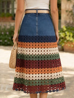 Bohemian Denim And Crochet Patchwork Midi Skirt