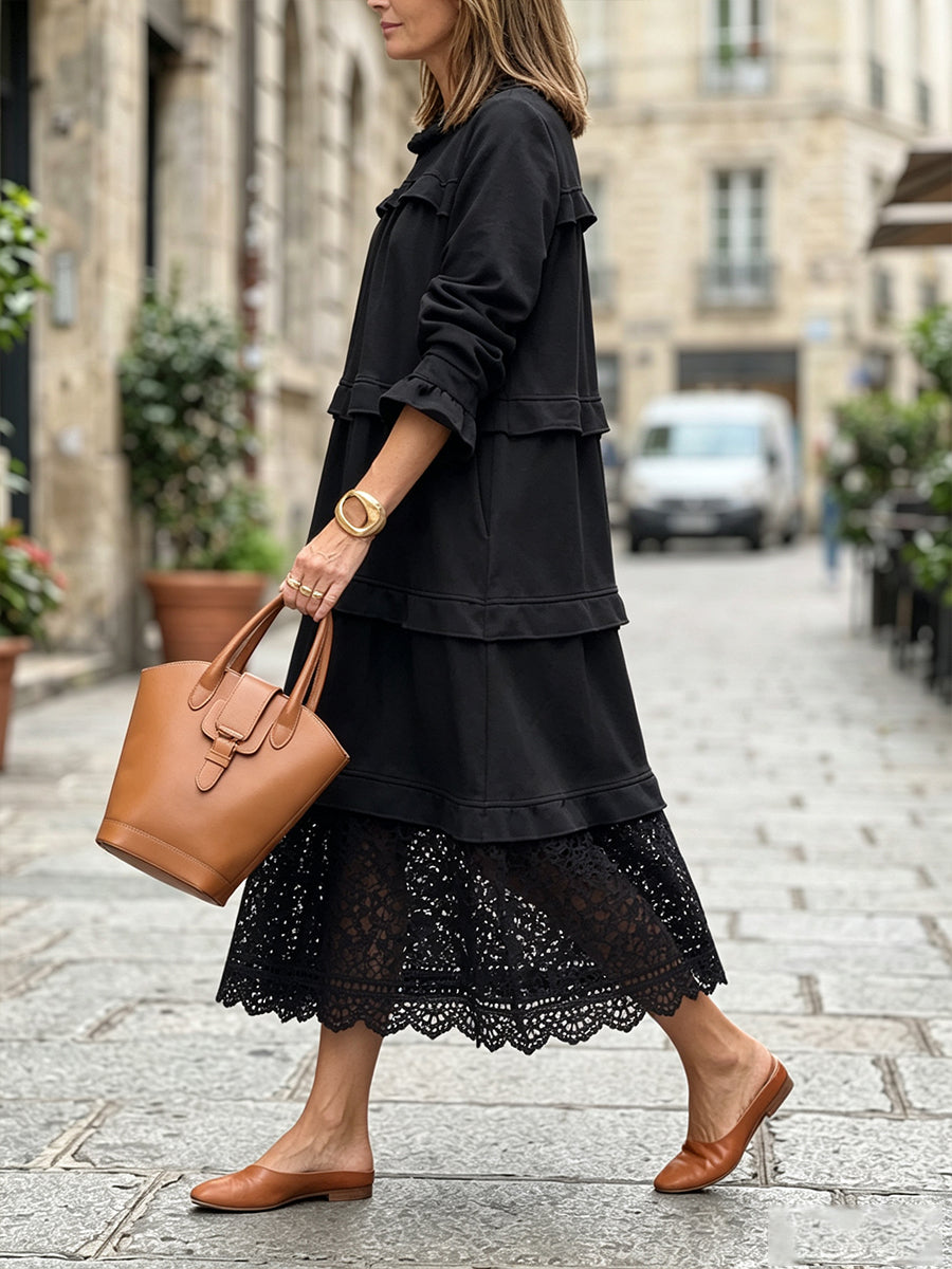 Chic Black Ruffled Tiered Lace Hem Midi Dress