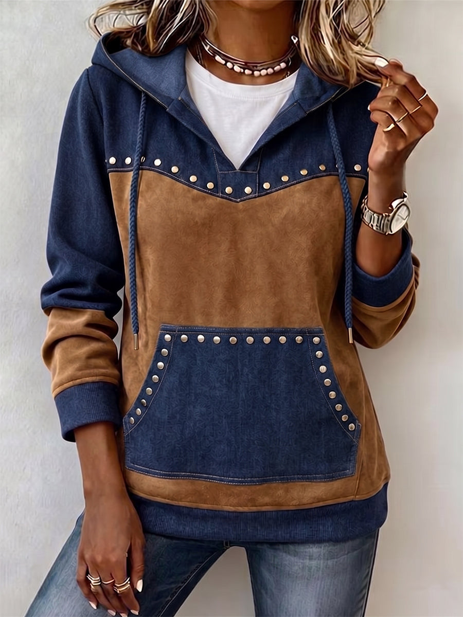 Rustic Charm Color-Block Studded Hoodie