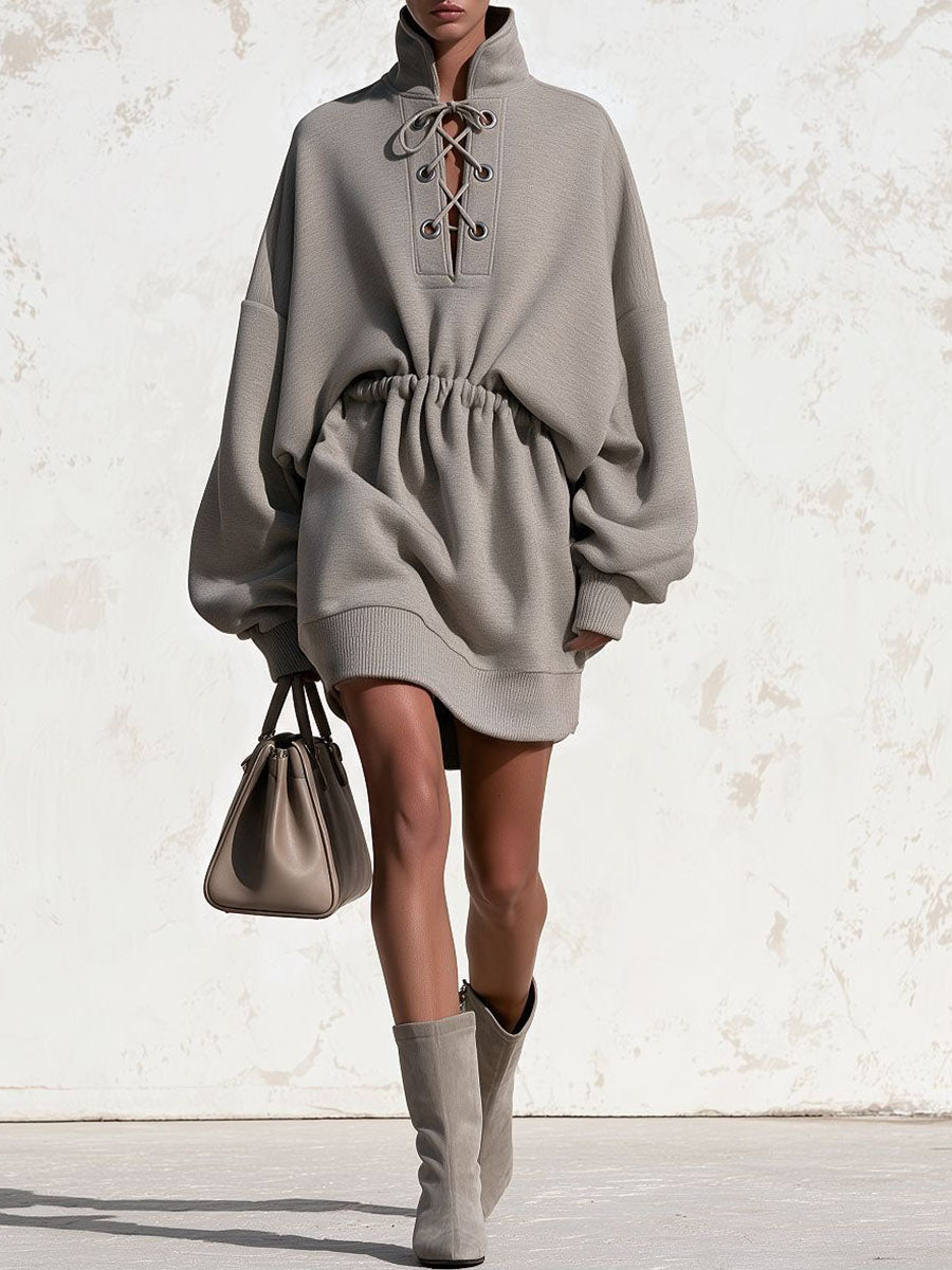 Women's Solid Color Stand-collar Long-sleeve Casual Loose Cut-out Lace-up Sweatshirt Dress