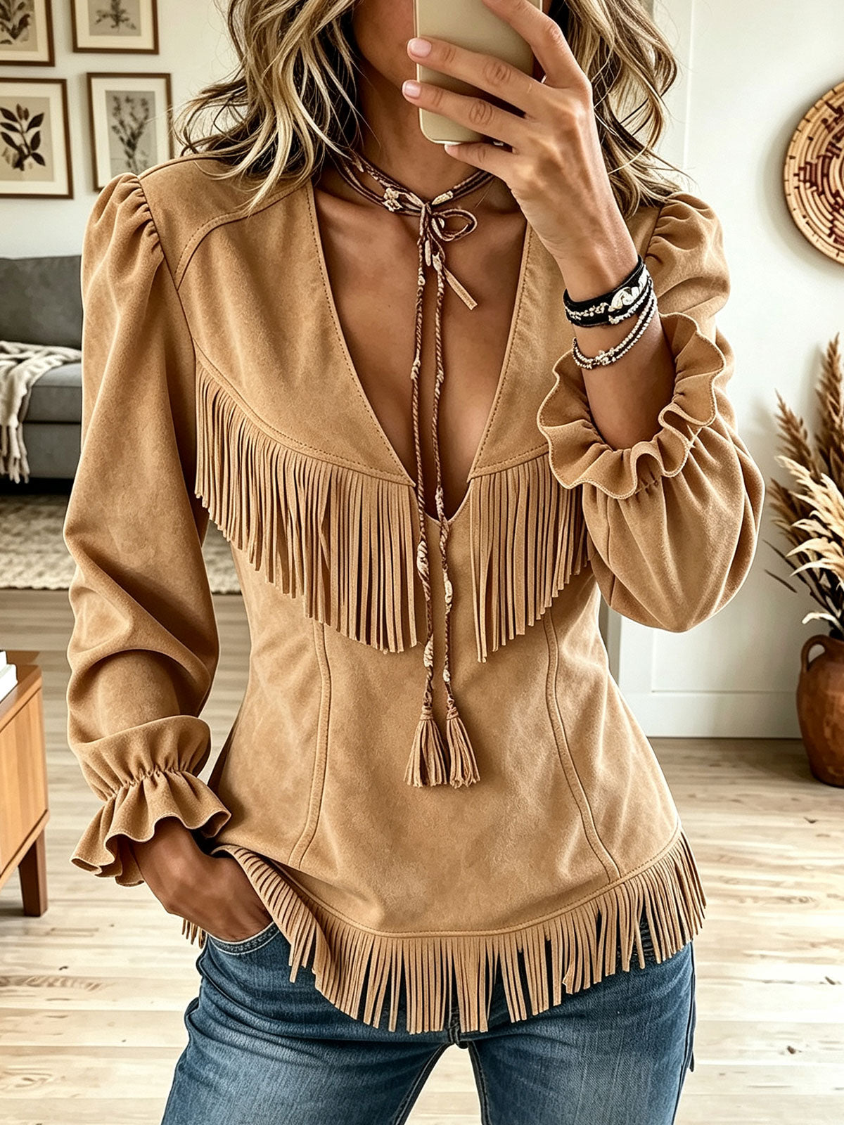 Women's Solid Color V-neck Long-sleeve Loose Casual Tassel Top