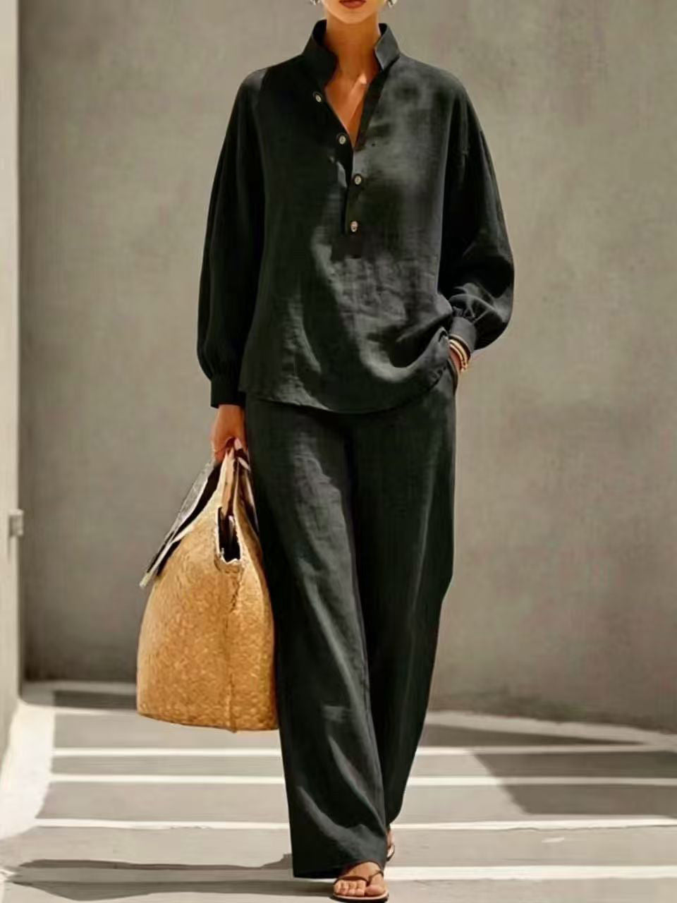 Casual, Minimalist Linen-cotton Shirt And Trousers Two-piece Setcasual, Minimalist Linen-cotton Shirt And Trousers Two-piece Set