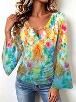 Bohemian Watercolor Floral Stretch Casual Shirt With Bell Sleeves