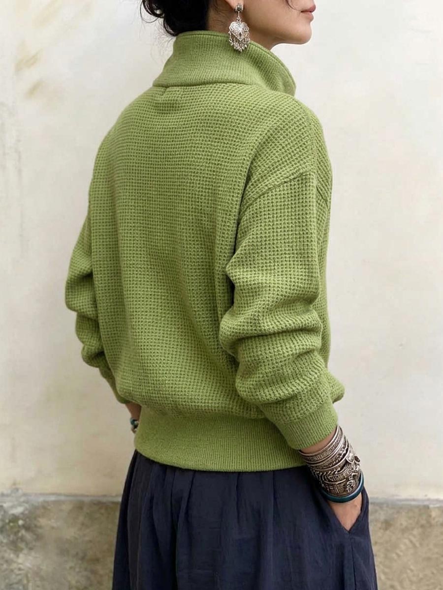 Women's Asymmetrical Button Collar Waffle Knit Sweater