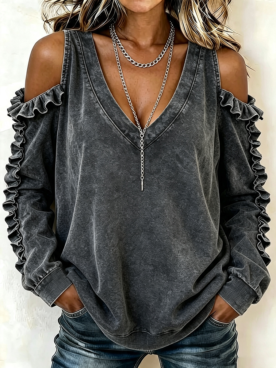 Edgy Acid-wash Cold-shoulder Ruffled Top