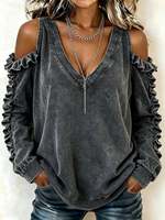 Edgy Acid-wash Cold-shoulder Ruffled Top