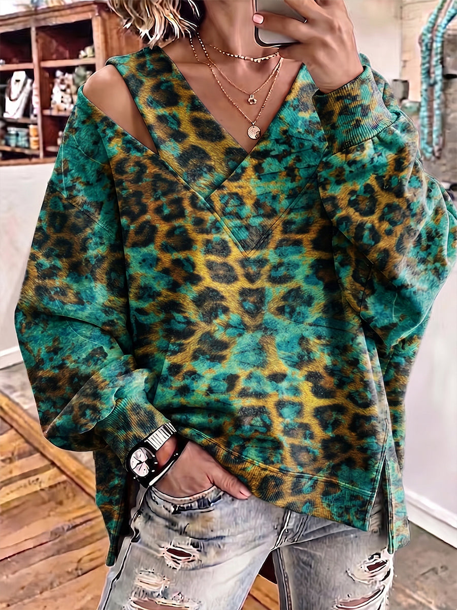 Fierce Teal Leopard Cutout Asymmetrical V-Neck Top
