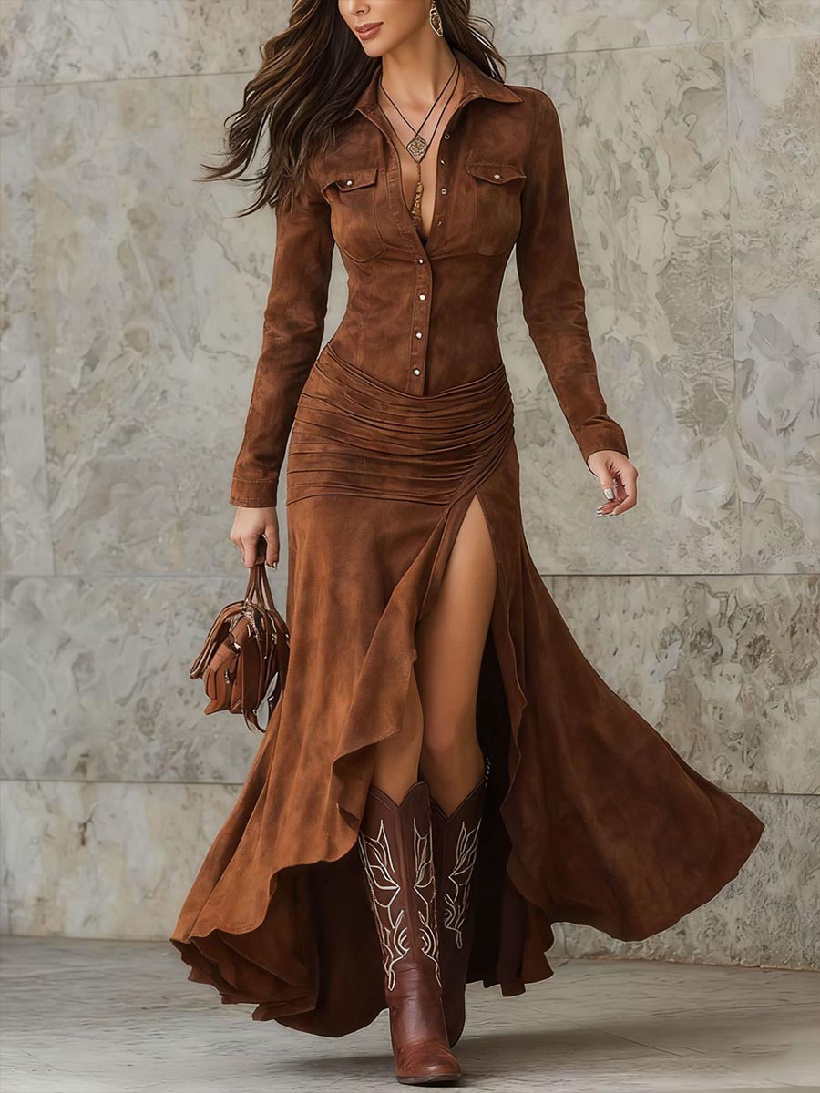 Women's Solid Color Lapel Long-sleeved Casual Loose A-line Slit Dress
