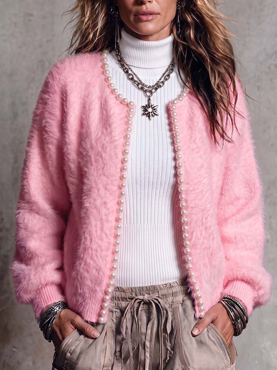Women's Solid Color Round Neck Long Sleeve Beaded Casual Loose Knit Cardigan