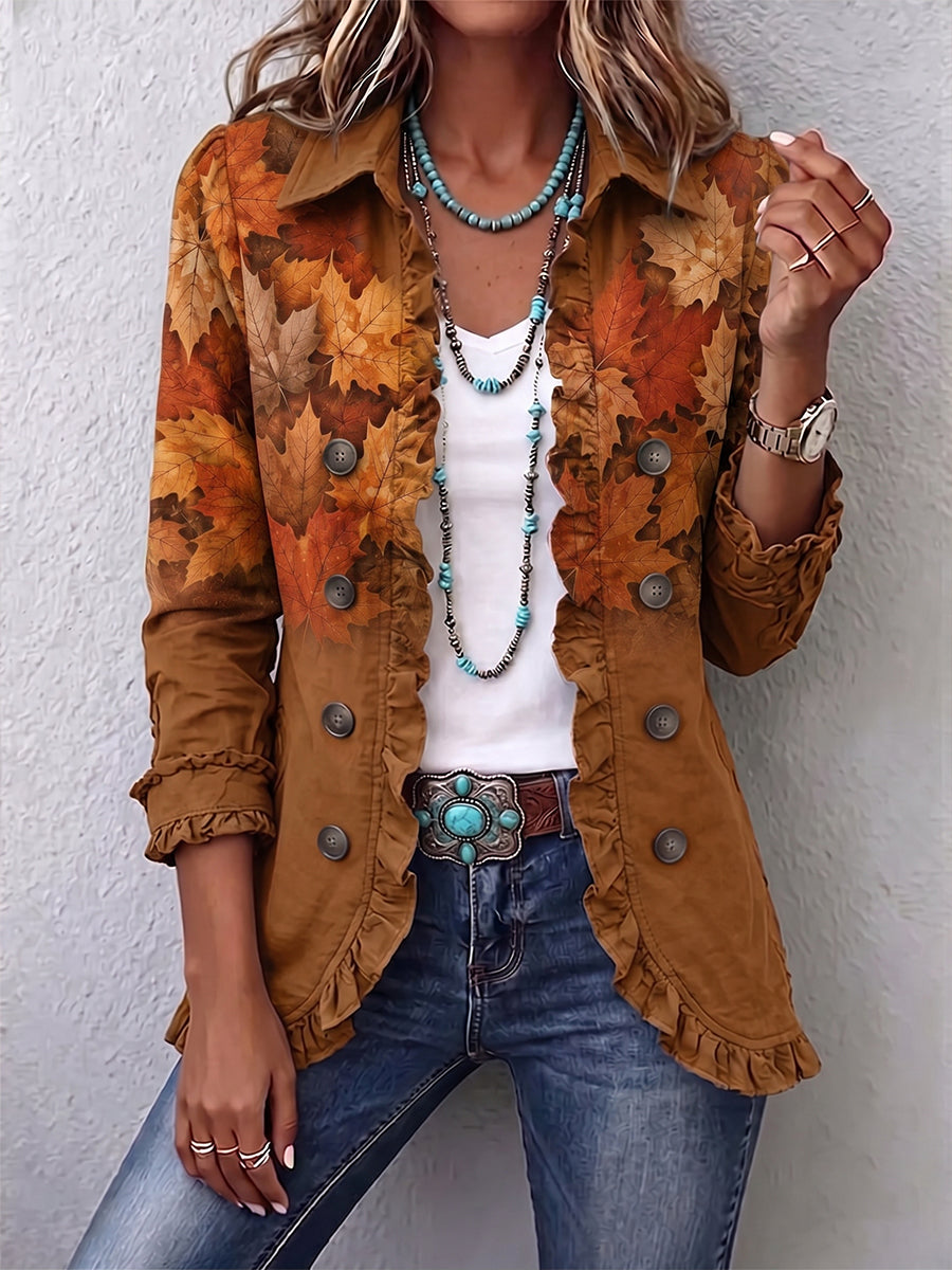 Autumn Leaf Print Ruffled Button-Front Jacket