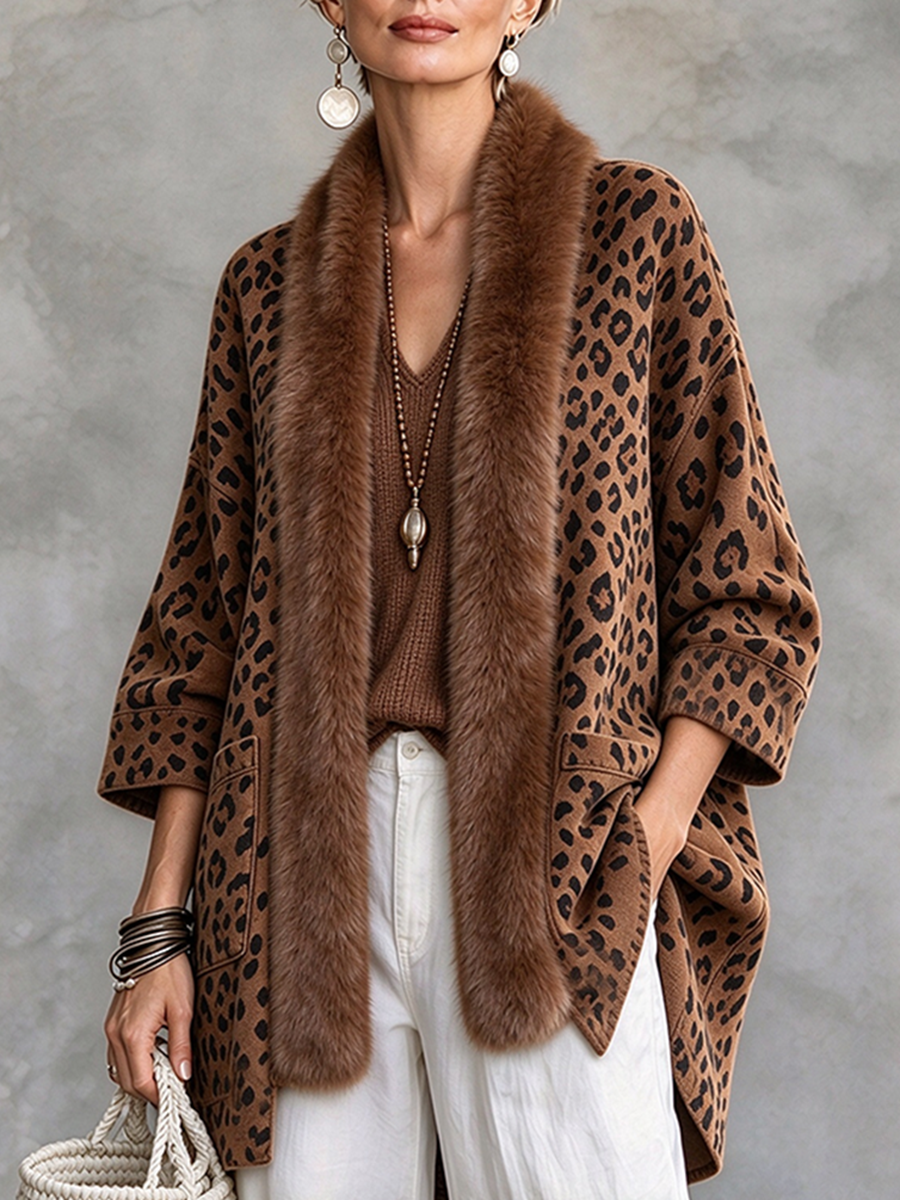 Boho Relaxed Open-front Faux Fur Trim Leopard Print Cardigan