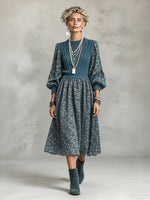 Elegant Stylish Blue Floral Patchwork Midi Dress