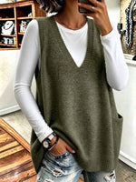 Women's Oversized V-neck Knit Sweater Vest With Pockets