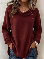 Women's Solid Color Waffle-knit Long-sleeve Button-down Casual Shirt / Comfortable Top