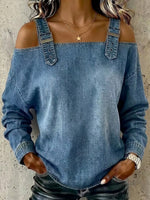 Adjustable Strap Cold‑shoulder Denim Long Sleeve Top