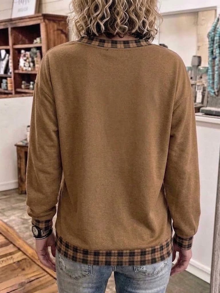 Autumn Pumpkin Print And Plaid Patchwork Crewneck Sweatshirt