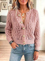 Women's Solid Color Round Neck Hollow-out Long Sleeve Casual Loose Knit Cardigan