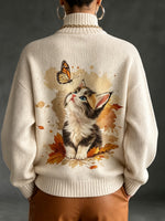 Cozy Knit Turtleneck With Kitten And Butterfly Print